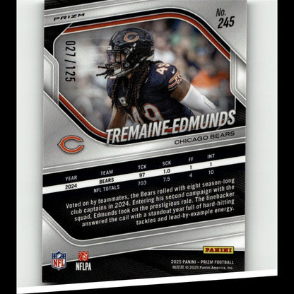 2025 Panini Prizm #245 Tremaine Edmunds Purple #/125