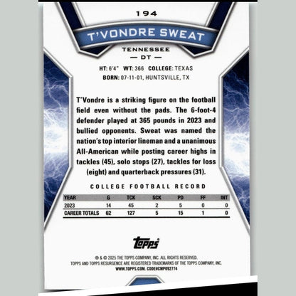 2024 Topps Resurgence - Sky Blue & Pink Shock #194 T'Vondre Sweat