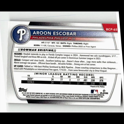 2025 Bowman #BCP-65 Aroon Escobar Chrome Prospects Reptilian Refractor