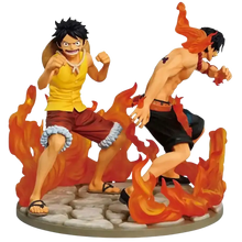 Ace and luffy dramatic memories revible moment ichibansho figure set with orange red flame theme on stone base