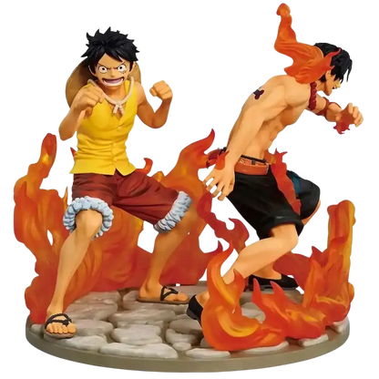 Ace and luffy dramatic memories revible moment ichibansho figure set with orange red flame theme on stone base
