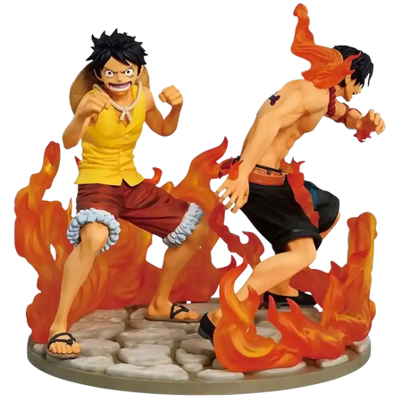 Ace and luffy dramatic memories revible moment ichibansho figure set with orange red flame theme on stone base