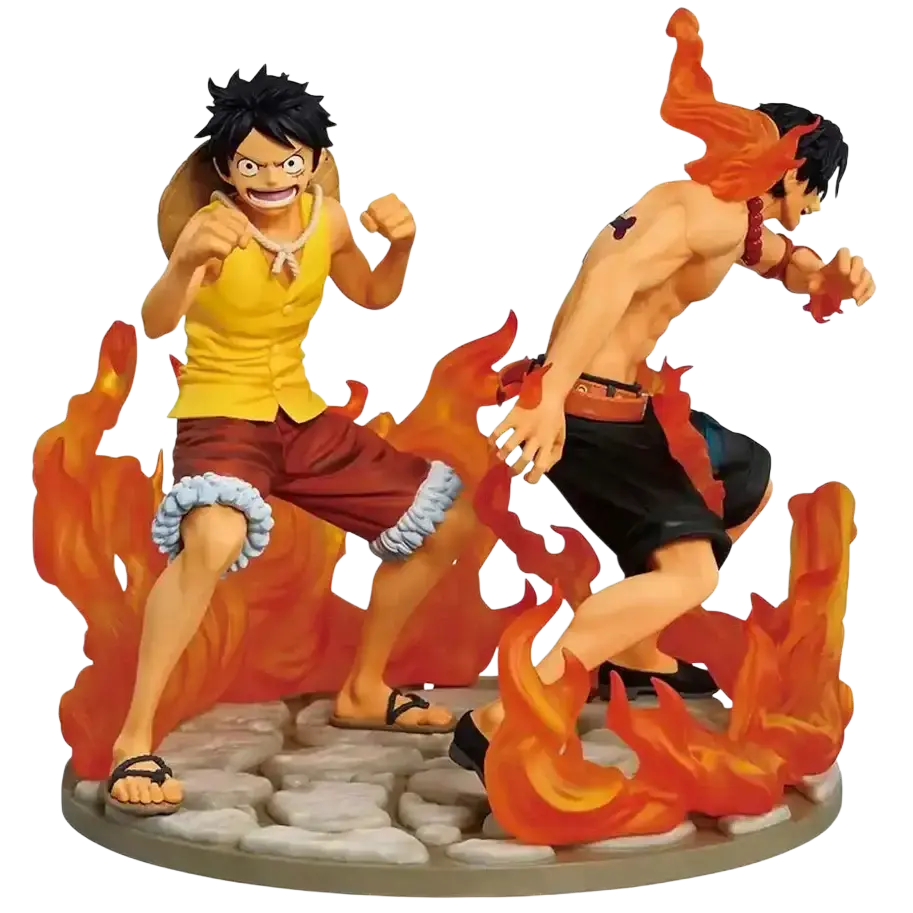 Ace and luffy dramatic memories revible moment ichibansho figure set with orange red flame theme on stone base