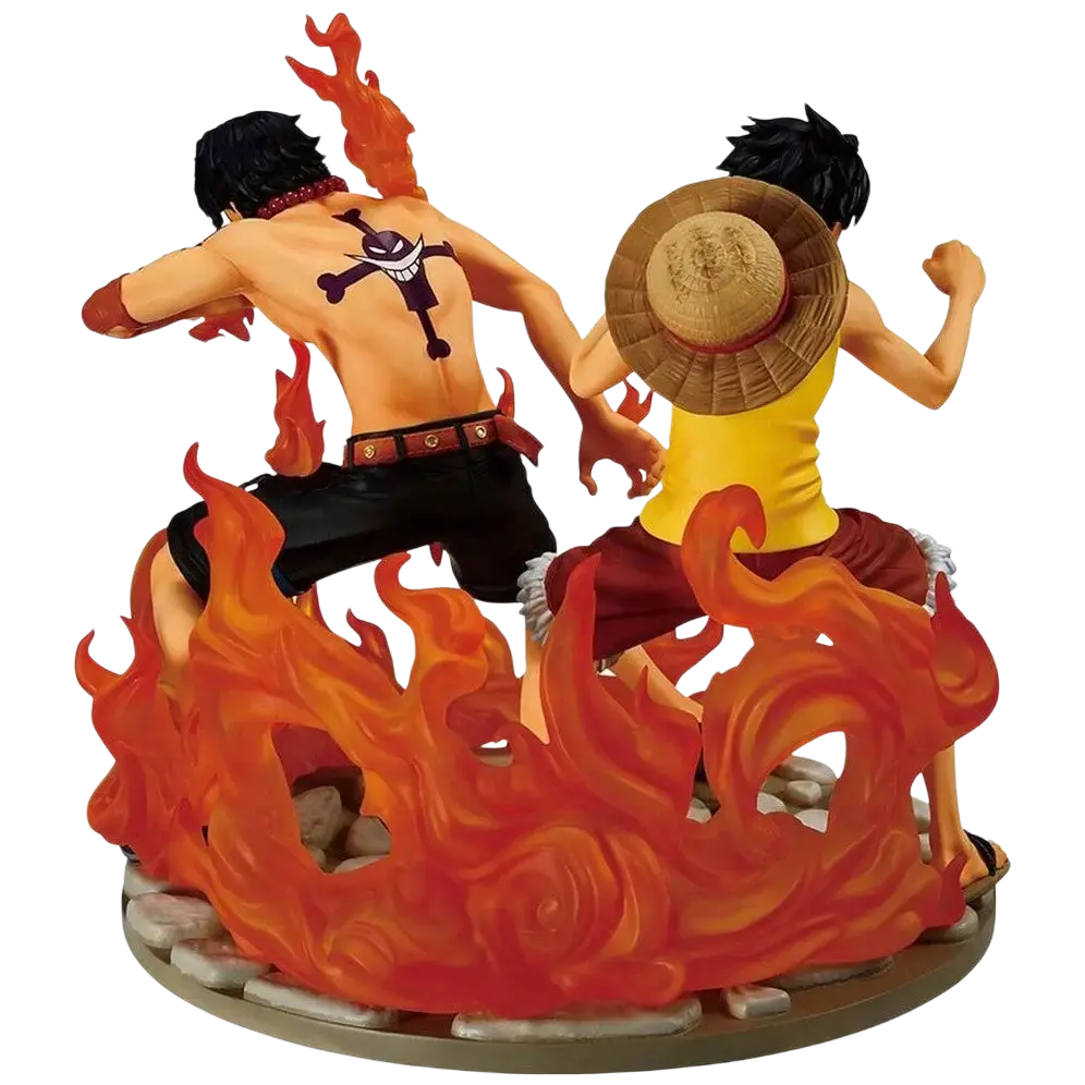 Orange flame-themed ace and luffy revible moment ichibansho figure featuring dynamic luffy dramatic memories poses