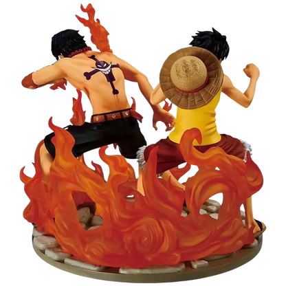 Orange flame-themed ace and luffy revible moment ichibansho figure featuring dynamic luffy dramatic memories poses