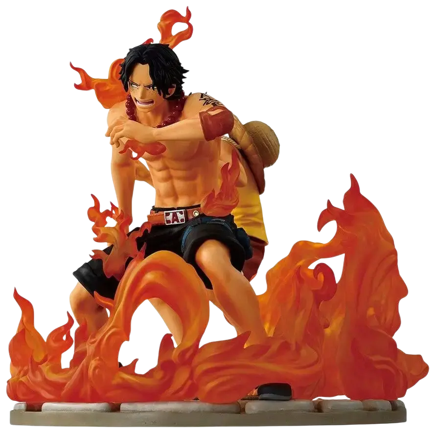 Orange flame-themed action figure of muscular luffy with black hair wearing yellow shirt blue shorts from revible moment ichibansho dramatic memories