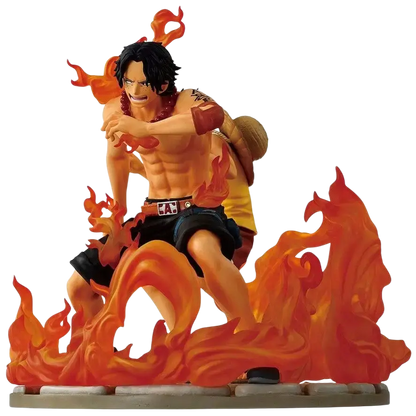 Orange flame-themed action figure of muscular luffy with black hair wearing yellow shirt blue shorts from revible moment ichibansho dramatic memories