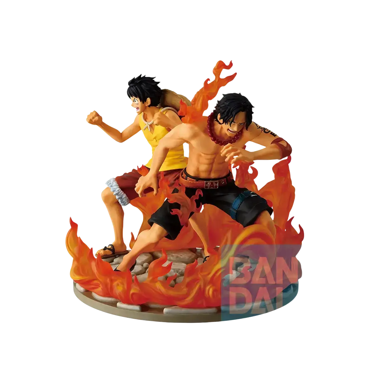 Orange flame-themed ace and luffy dramatic memories revible moment ichibansho figure with dynamic anime poses on circular base