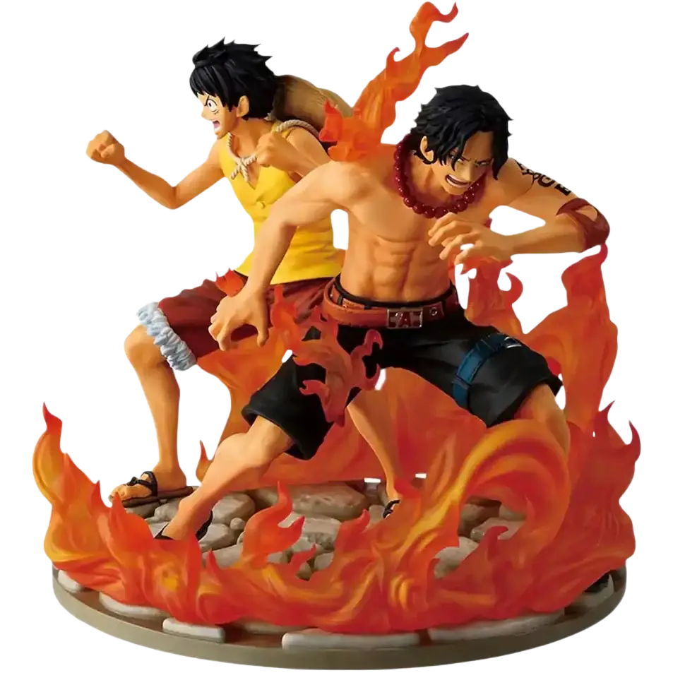 Ace and luffy dramatic memories revible moment ichibansho figure set with orange flame poses on rocky base