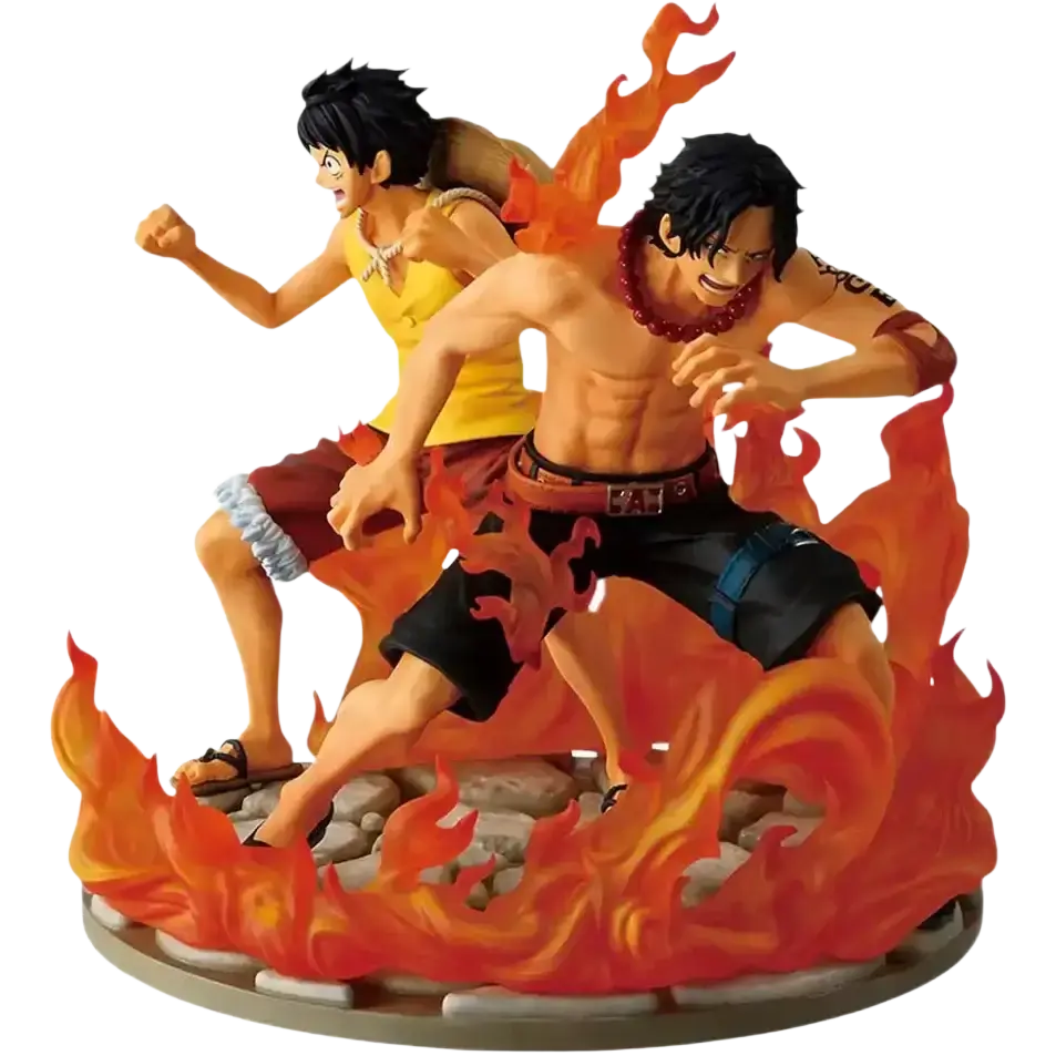 Ace and luffy dramatic memories revible moment ichibansho figure set with orange flame poses on rocky base