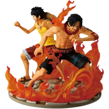 Ace and luffy dramatic memories revible moment ichibansho figure set with orange flame poses on rocky base