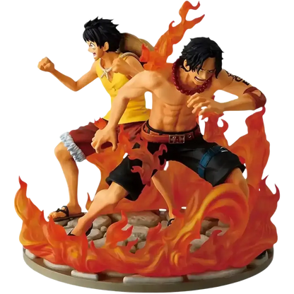 Ace and luffy dramatic memories revible moment ichibansho figure set with orange flame poses on rocky base