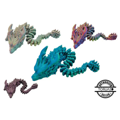 Colorful articulated dragon figurines.
