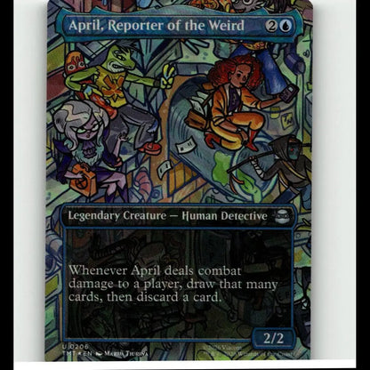 A vibrant magic the gathering weird borderless foil card featuring april reporter as a legendary teenage mutant ninja human detective
