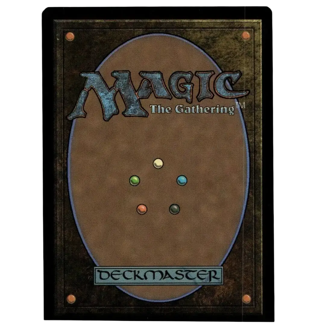 Back side of a magic the gathering deckmaster card featuring metallic blue lettering and five colored orbs for april reporter weird borderless foil teenage mutant ninja