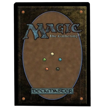 Back side of a magic the gathering deckmaster card featuring metallic blue lettering and five colored orbs for april reporter weird borderless foil teenage mutant ninja