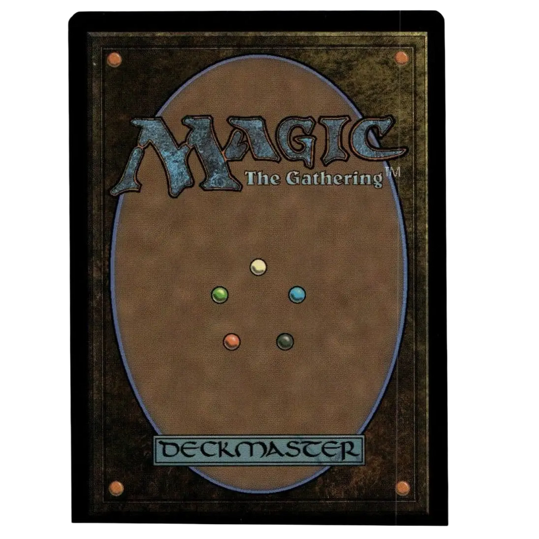 Back side of magic the gathering deckmaster card with metallic blue lettering and colored orbs for weird borderless foil april reporter teenage mutant ninja