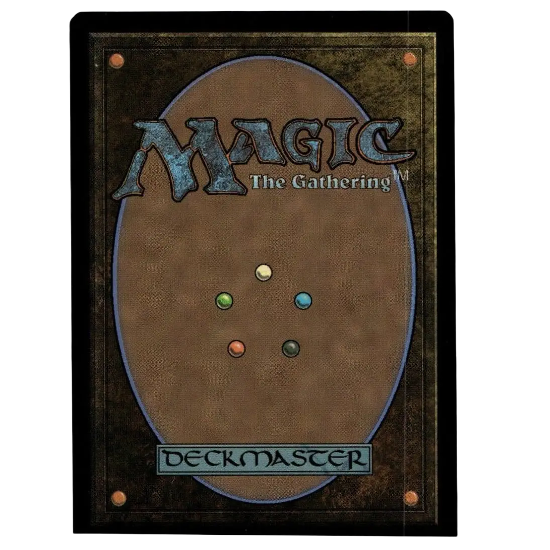 Back side of magic the gathering deckmaster card with metallic blue lettering and colored orbs for weird borderless foil april reporter teenage mutant ninja