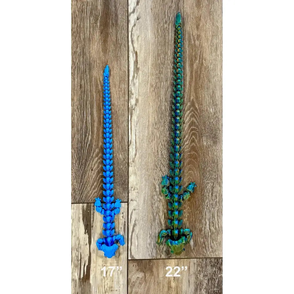 Articulated 3D-printed alligators.