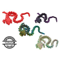 Articulated 3D-printed dragon figurines.
