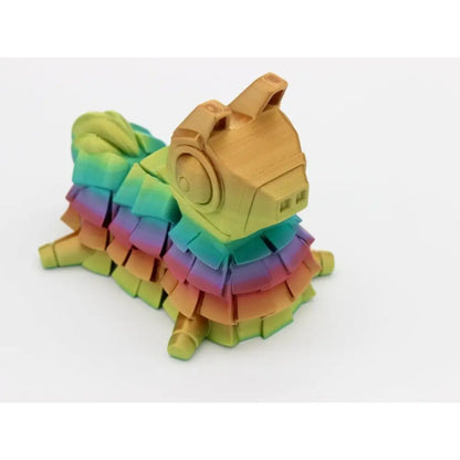 Rainbow-colored articulated robot dog.