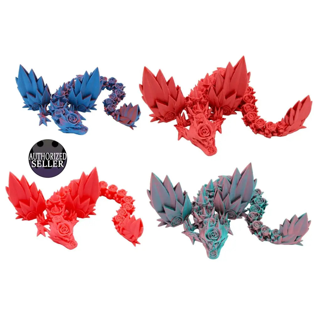 Four articulated crystal rose dragons.