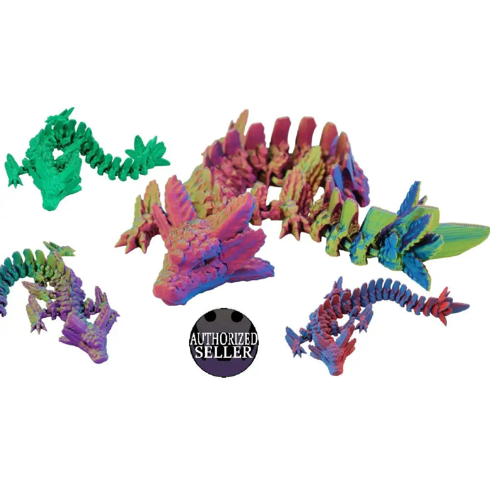 Colorful articulated dragon figurines.