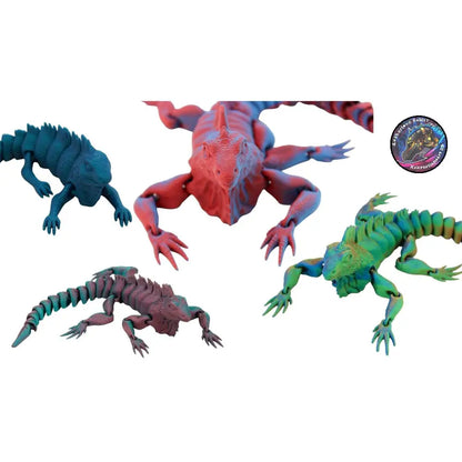 Colorful articulated lizard figurines.