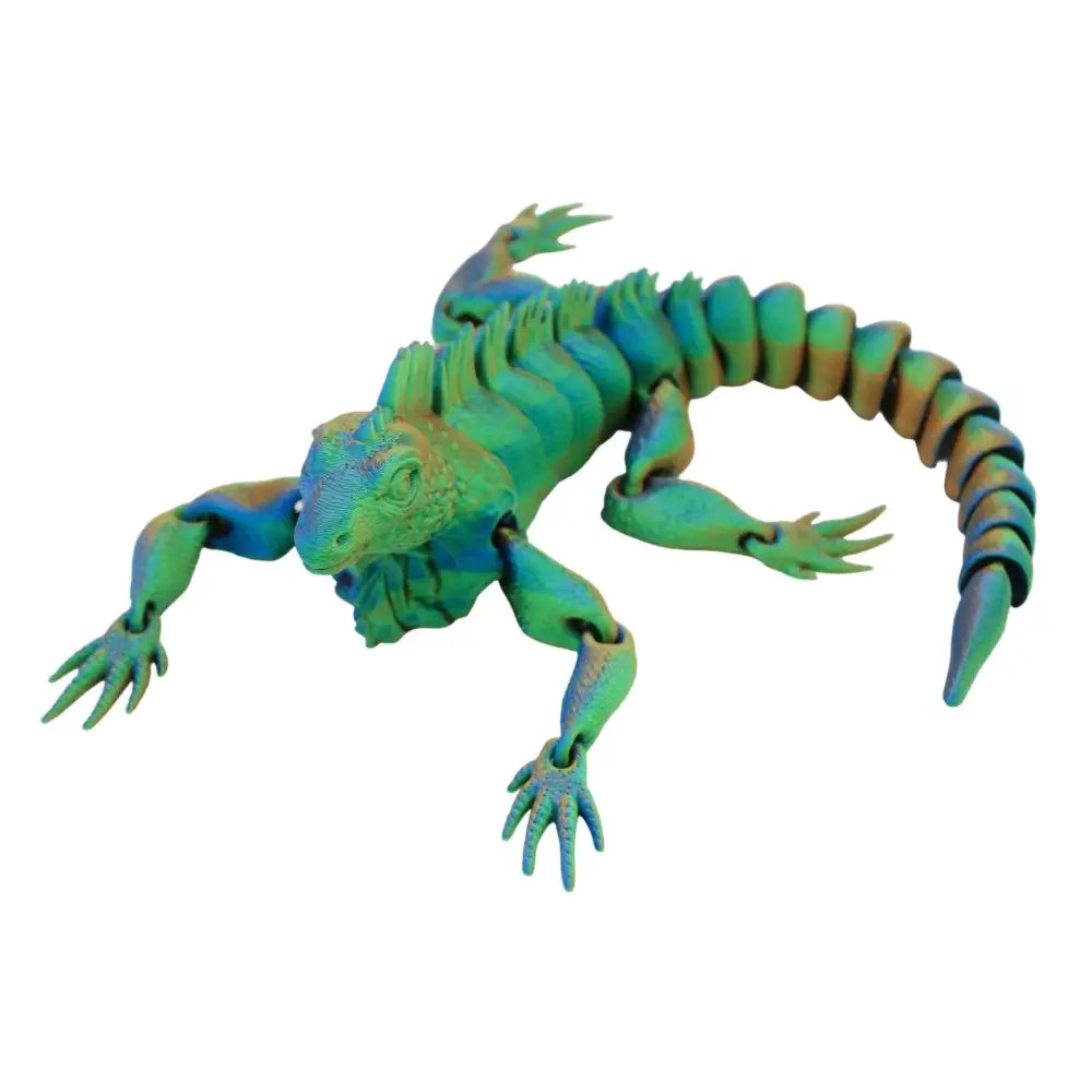 Articulated iridescent iguana toy.