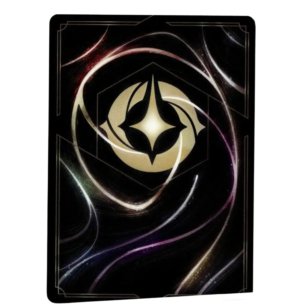 A sleek black aurora waking beauty card featuring a glowing gold emblem with silver and purple patterns from disney lorcana