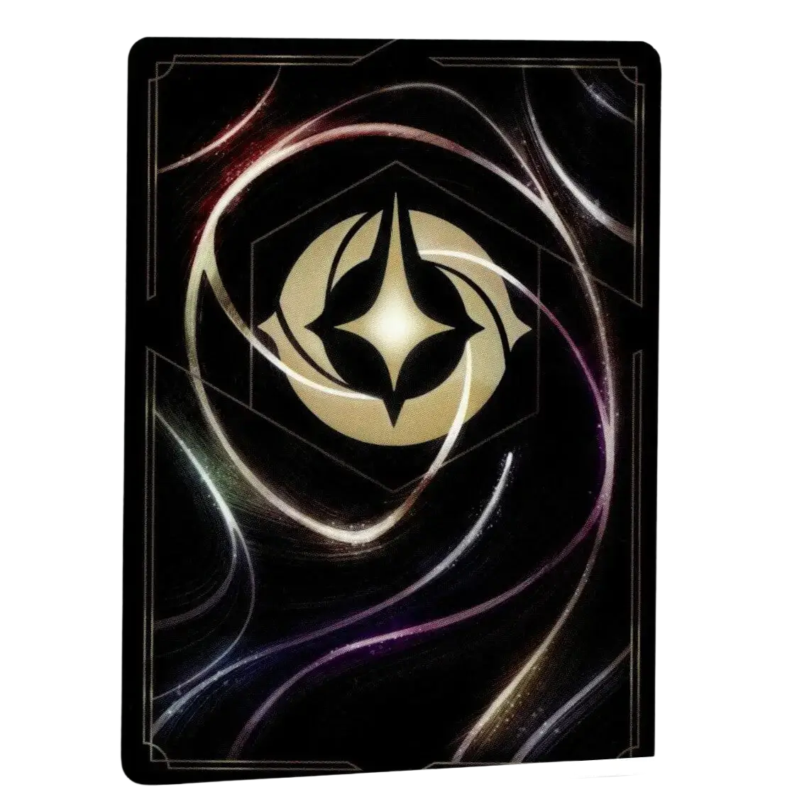 A sleek black aurora waking beauty card featuring a glowing gold emblem with silver and purple patterns from disney lorcana