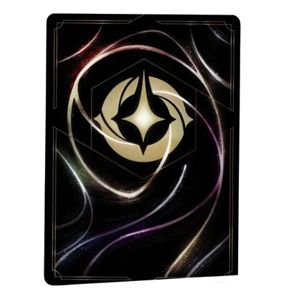 A sleek black aurora waking beauty card featuring a glowing gold emblem with silver and purple patterns from disney lorcana