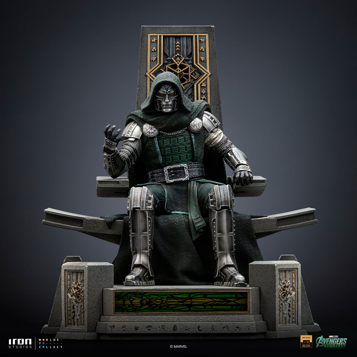 Avengers: Doomsday Doctor Doom on Throne 1:10 Art Scale Limi statue. Doctor Doom in green and silver armor on a stone throne.