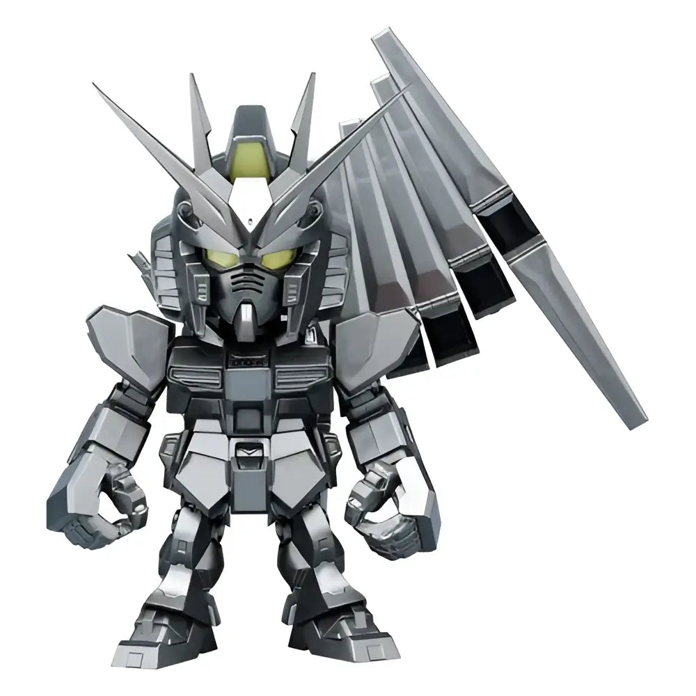 Silver and black gundam figure with glowing yellow eyes and detailed armor from bandai qmsv mini 5th anniversary blind box