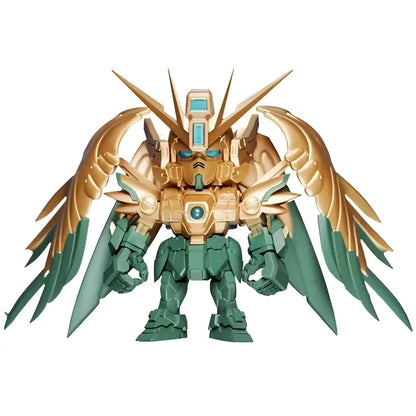 Golden and teal armored bandai qmsv mini gundam blind box figure with wing-like appendages for gold team collection