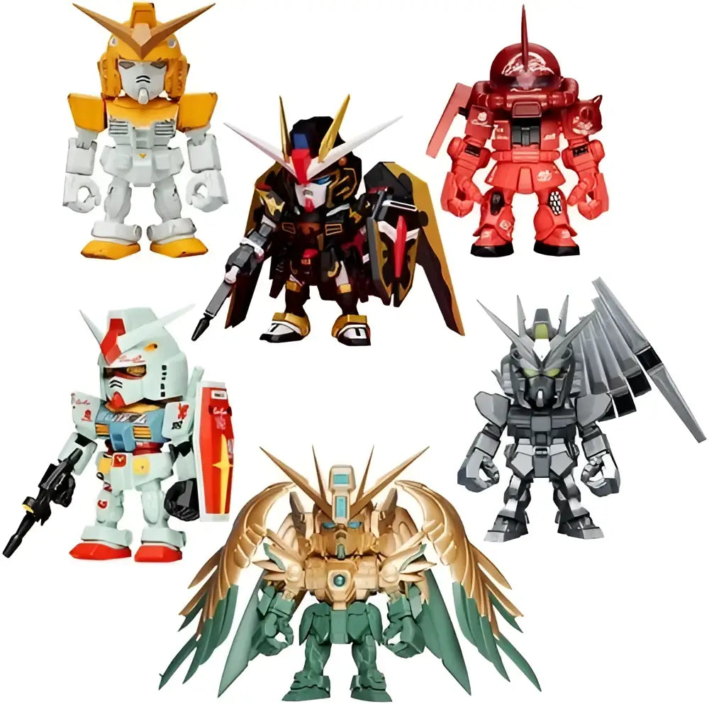 Collection of six detailed plastic bandai qmsv mini gundam blind box figurines in gold team and various colors
