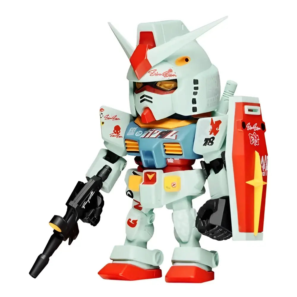 Bandai qmsv mini white and red gundam blind box figurine with blue accents and black rifle from gold team edition