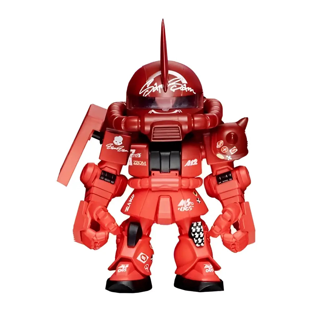 Red plastic bandai qmsv mini gundam figurine with black accents and detailed decals from gold team gundam blind box