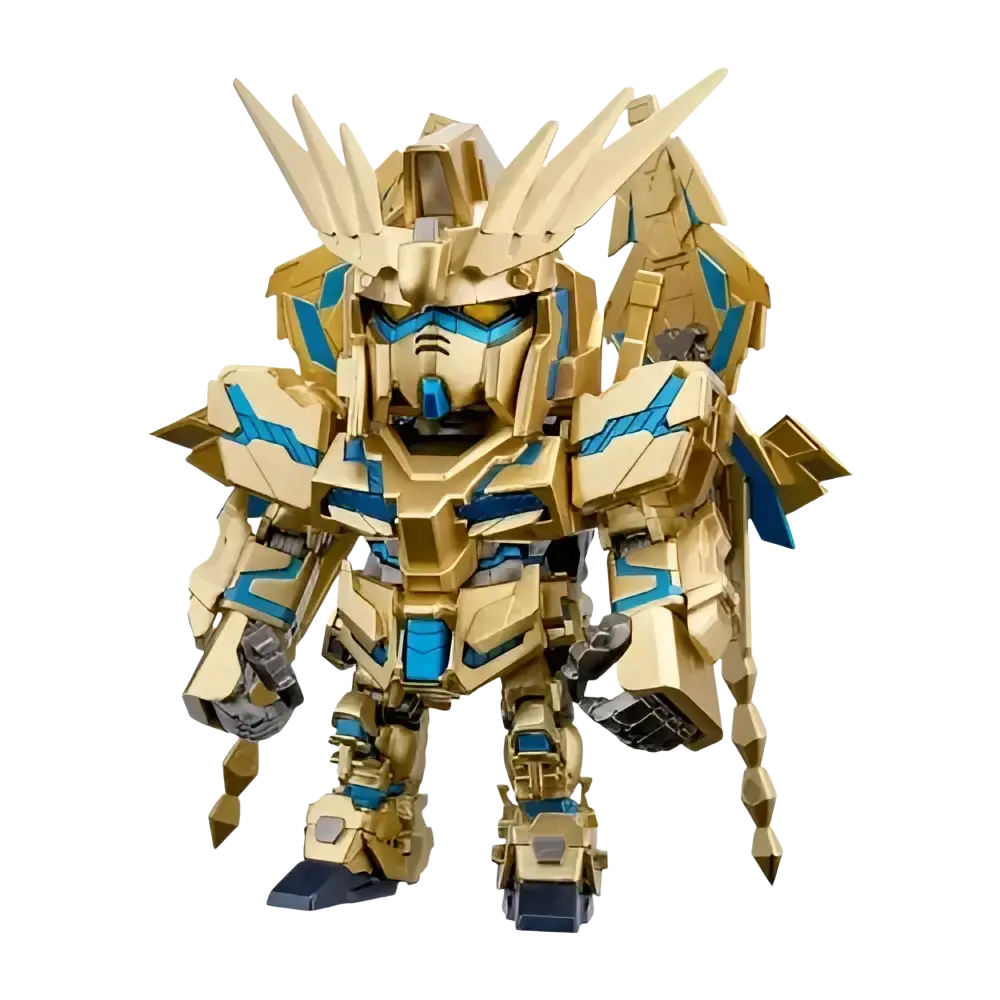 Bandai qmsv mini gold team gundam blind box figure in gold and blue armor with intricate mechanical details