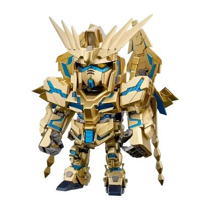 Bandai qmsv mini gold team gundam blind box figure in gold and blue armor with intricate mechanical details