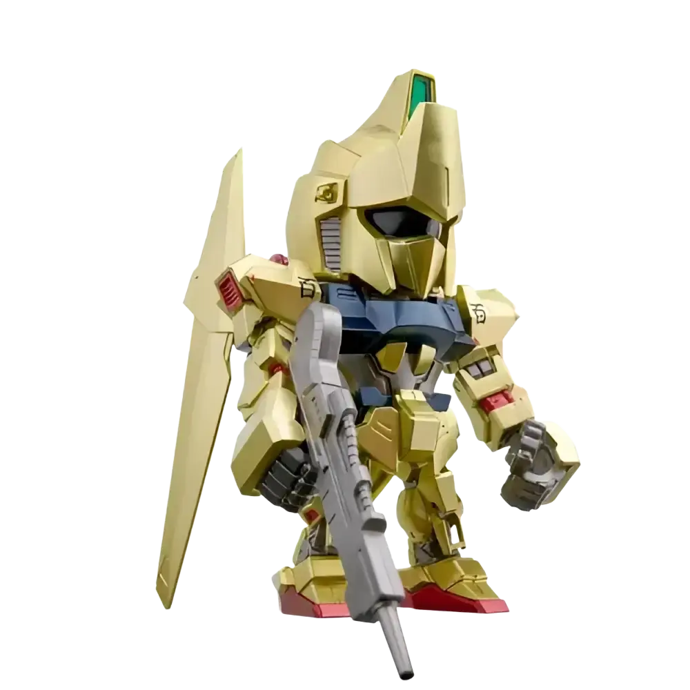 Bandai qmsv mini gold team gundam blind box model in gold and blue plastic with red accents holding rifle and shield
