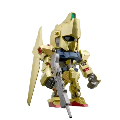 Bandai qmsv mini gold team gundam blind box model in gold and blue plastic with red accents holding rifle and shield