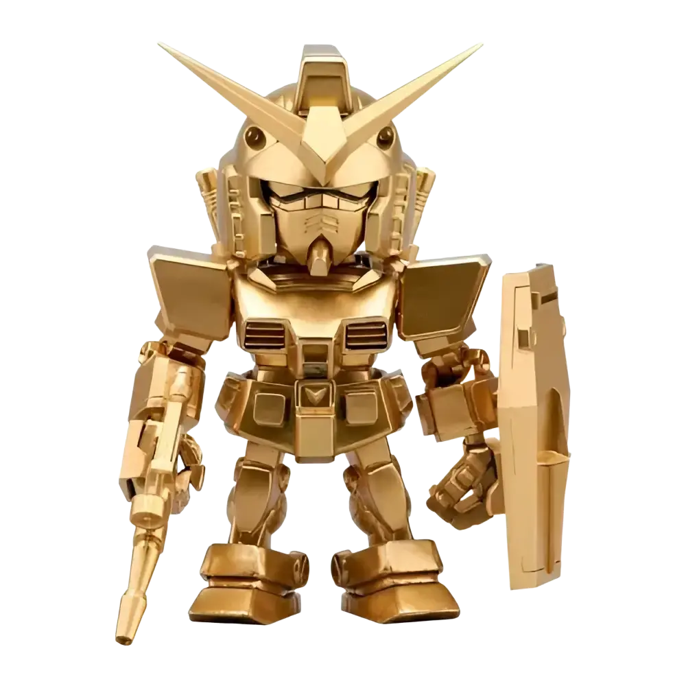 Golden metallic bandai qmsv mini gold team gundam blind box figure with angular armor and sharp pointed head horns