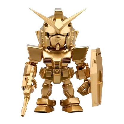 Golden metallic bandai qmsv mini gold team gundam blind box figure with angular armor and sharp pointed head horns