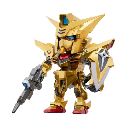 Bandai qmsv mini gold team gundam blind box featuring a golden metallic robot with red and blue accents holding a gun and shield