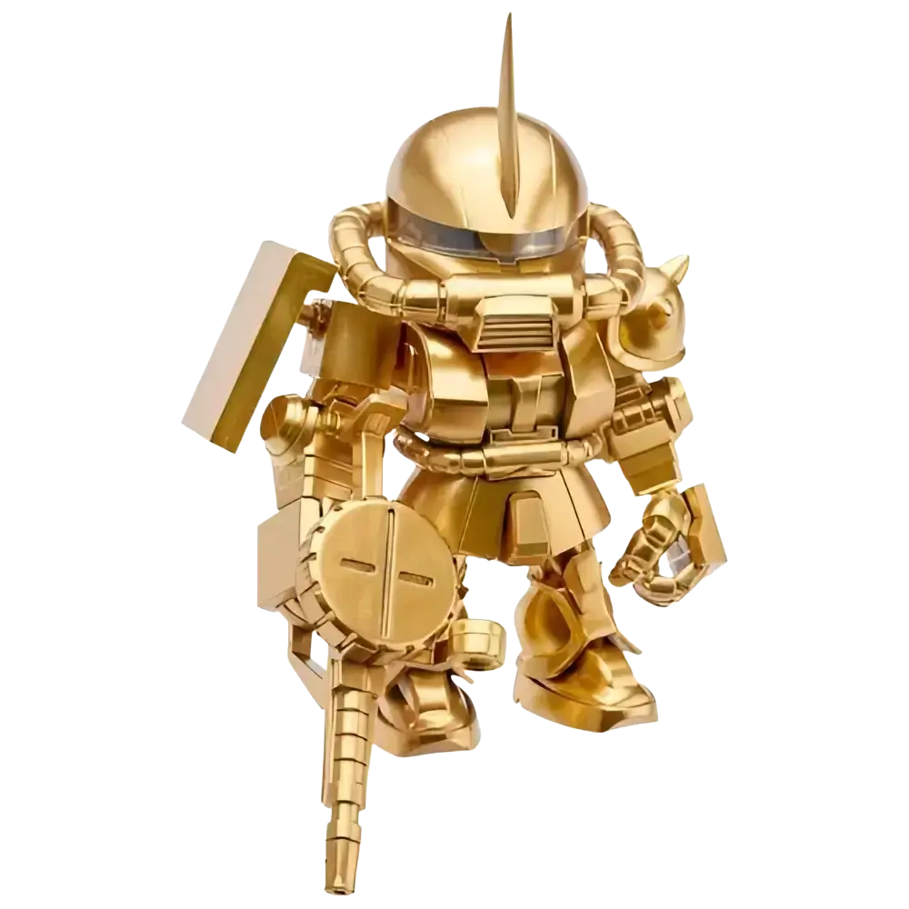 Golden metallic bandai qmsv mini gold team gundam blind box figure with intricate mechanical details and sharp head spike
