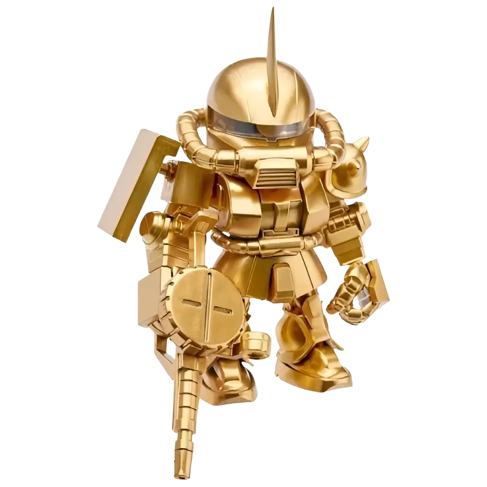 Golden metallic bandai qmsv mini gold team gundam blind box figure with intricate mechanical details and sharp head spike