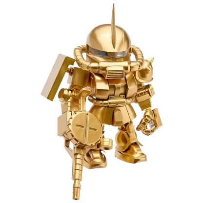 Golden metallic bandai qmsv mini gold team gundam blind box figure with intricate mechanical details and sharp head spike
