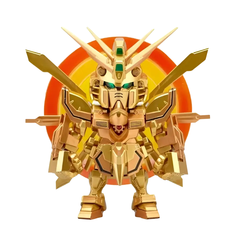 Golden gundam model with green accents and angular metallic design from bandai qmsv mini gold team gundam blind box