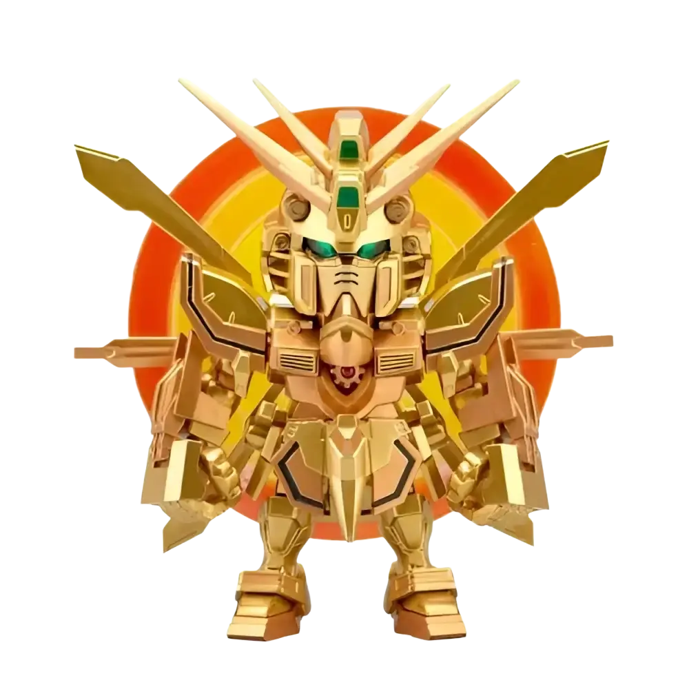 Golden gundam model with green accents and angular metallic design from bandai qmsv mini gold team gundam blind box